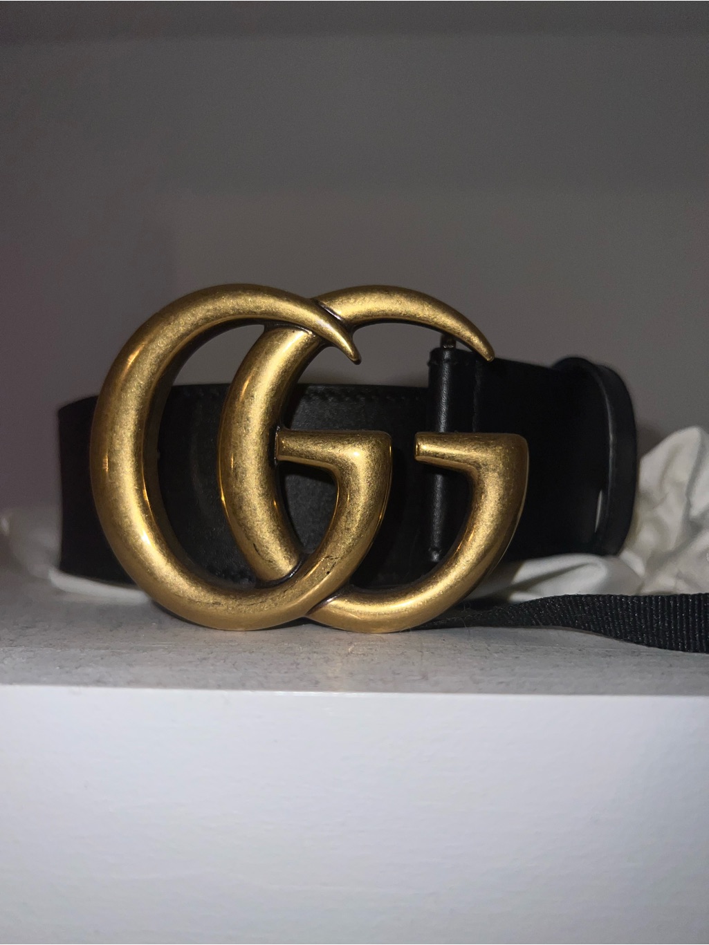Gucci Black Leather Belt With Antique Gold Double G Buckle